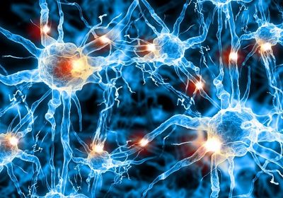 Illustration of glowing neurons transmitting signals.