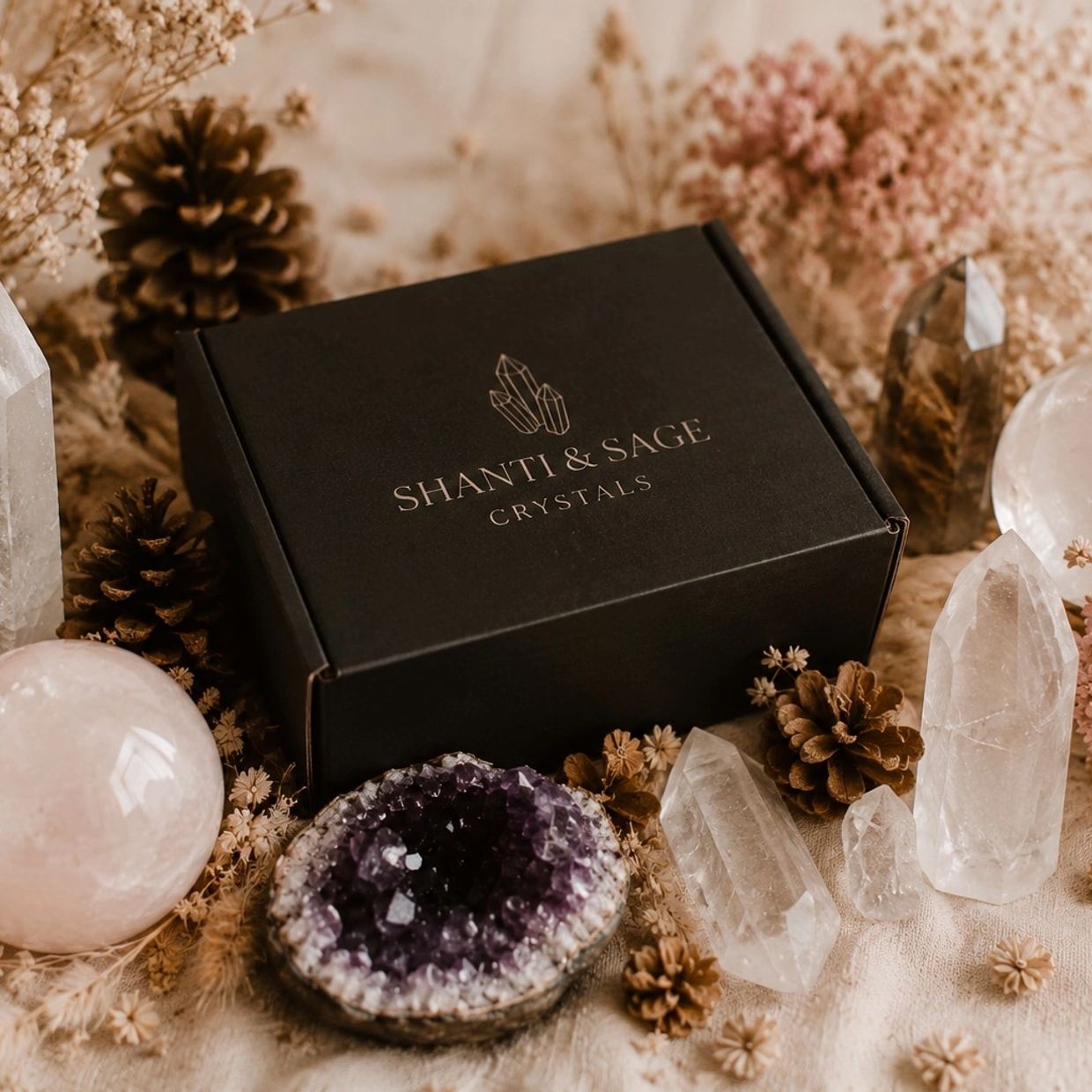 shanti and sage crystal emporium shipping box surrounded by luxe crystals