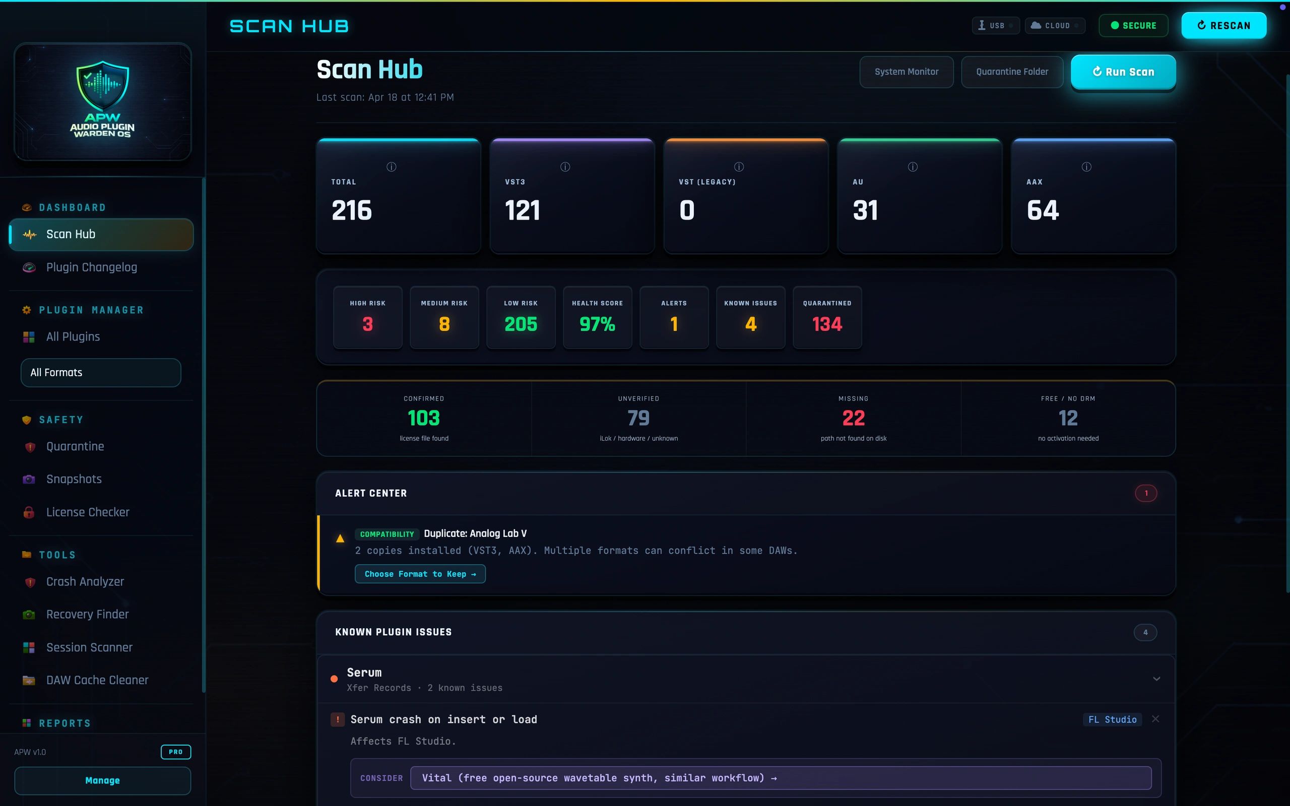 Screenshot of a plugin scanning software interface showing plugin stats and issues.