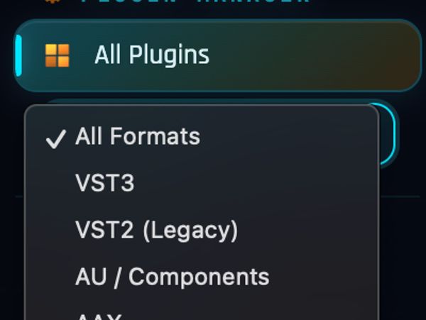 Dropdown menu showing audio plugin formats including VST3, VST2, and AU.