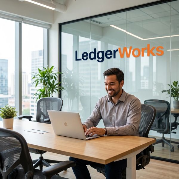 Man working on laptop at a modern office with LedgerWorks logo on glass wall.