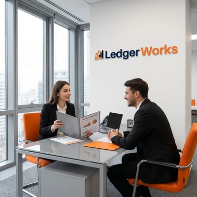 Two professionals discuss business documents at Ledger Works office.