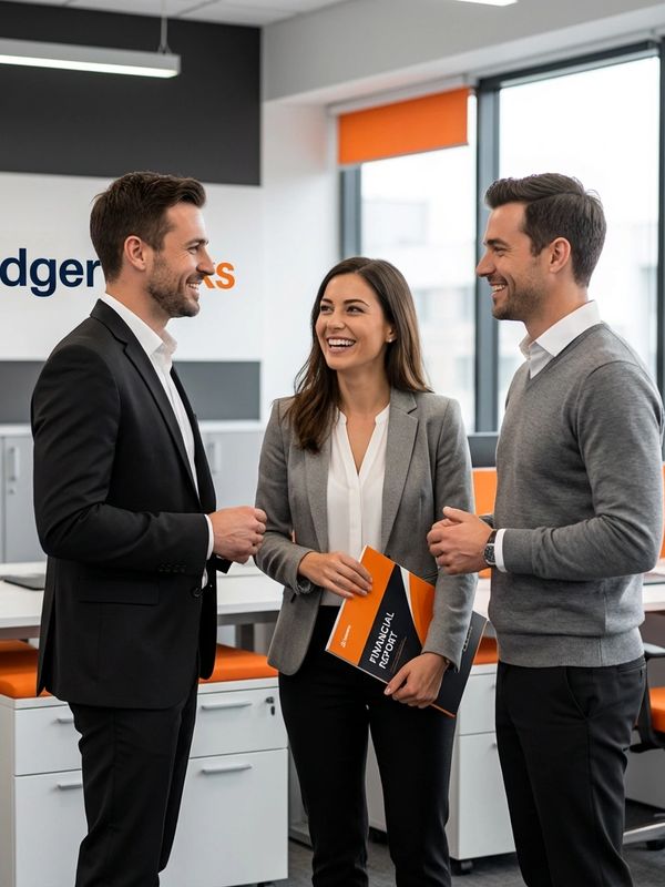 Three professionals smiling and discussing in a modern office with LedgerX branding.