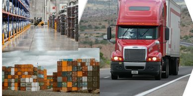 Logistics scenes showing warehouse, shipping containers, and a red truck on the road.
