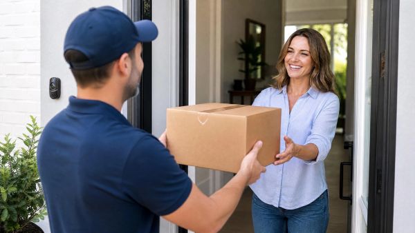 Delivery person handing a box to a smiling woman at her door.