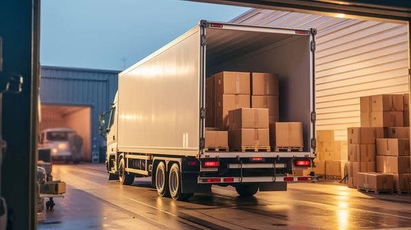 Truck with open back loaded with boxes at warehouse.