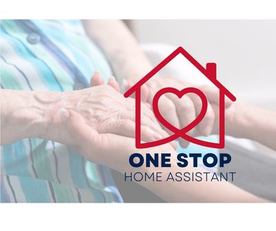 Hands of caregiver and elderly person with One Stop Home Assistant logo.