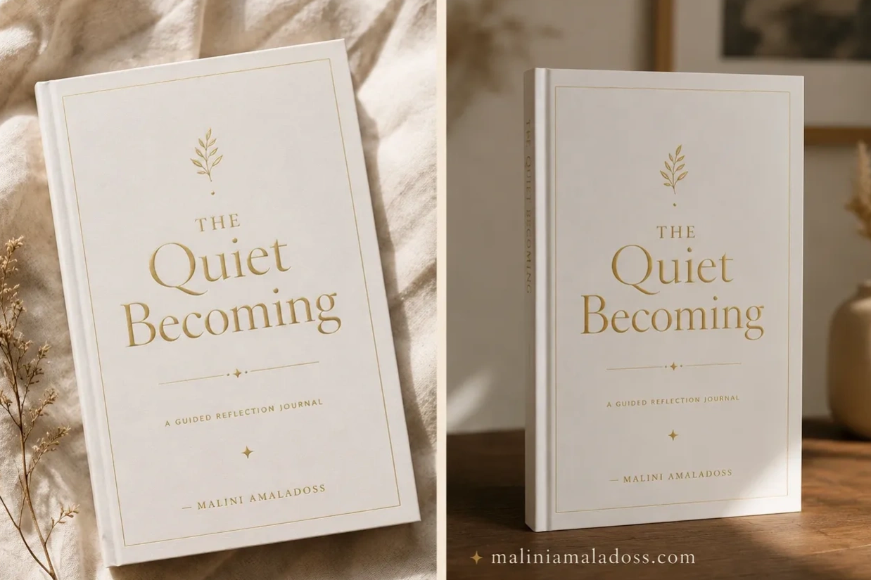 The book "The Quiet Becoming" by Malini Amaladoss with a minimalist cover design.