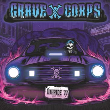 Dark car with neon lights and skull figure, GRAVE CORPS logo.