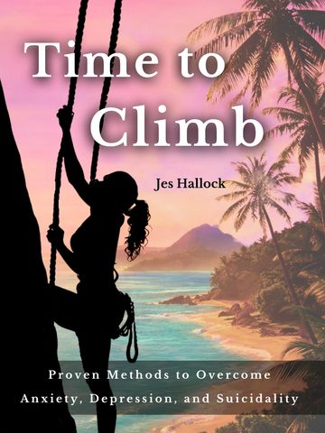 A silhouette of a woman climbing with a tropical beach background at sunset.
