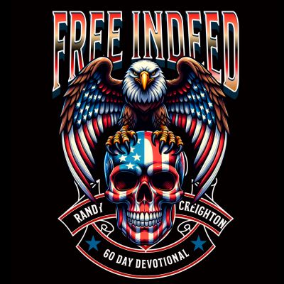 Eagle with American flag wings perched on skull with American flag design, text 'Free Indeed'.
