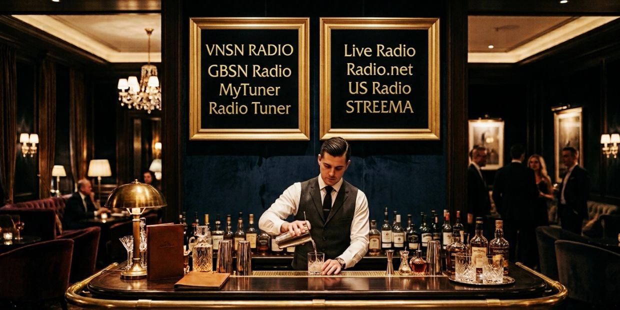 Bartender preparing a drink at a classy bar with radio station signs.