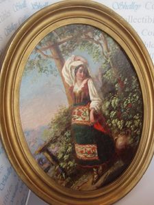 Antique Painting of Greek Girl. Oil on Board. Circa 1860.