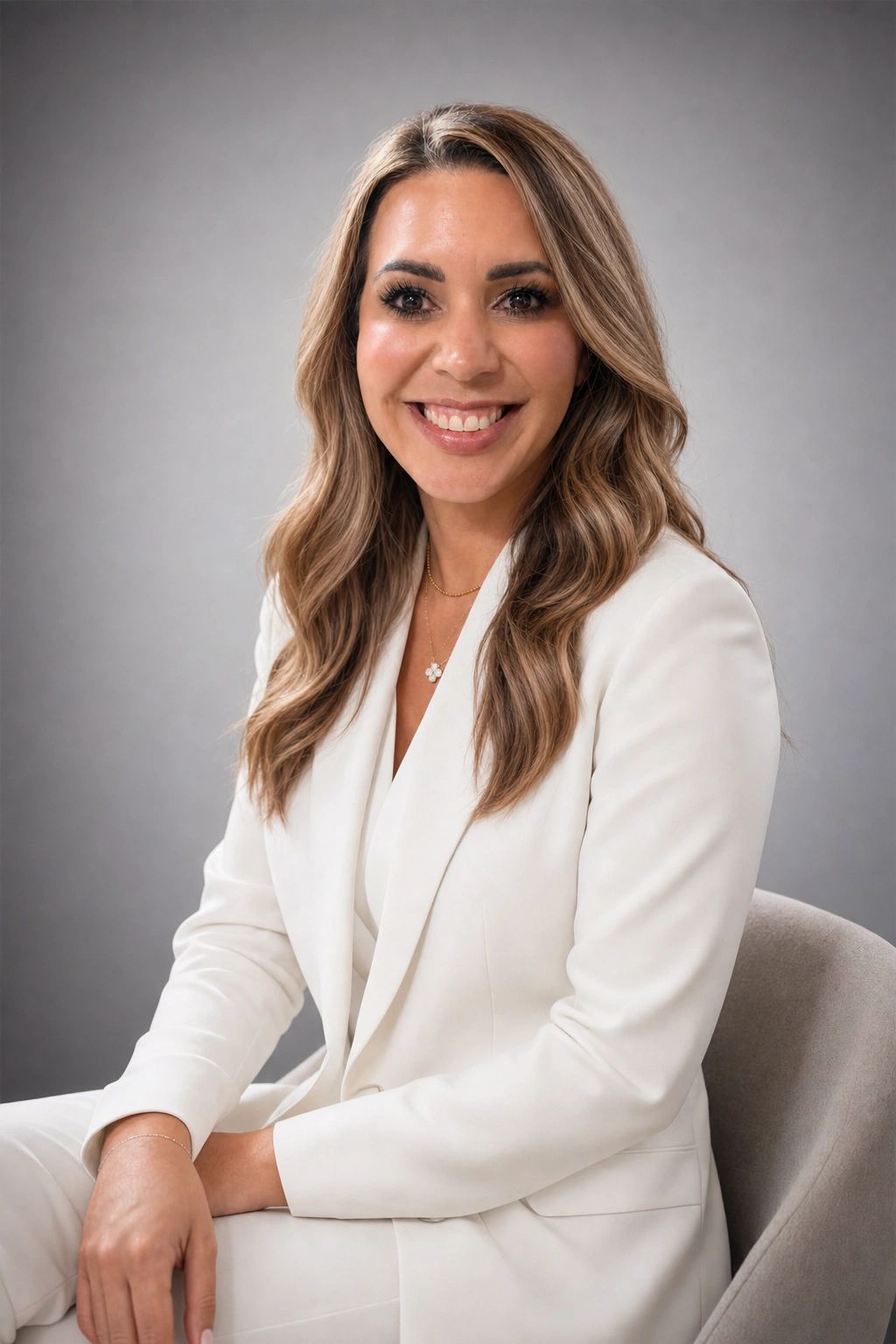 Woman smiling in a white suit against gray backdrop.