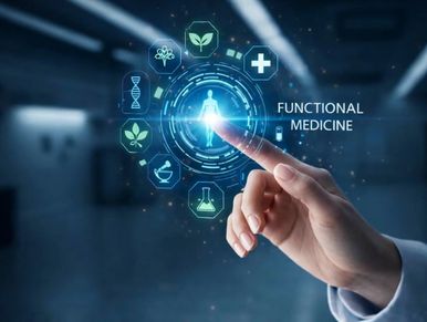 Hand interacting with futuristic functional medicine interface.