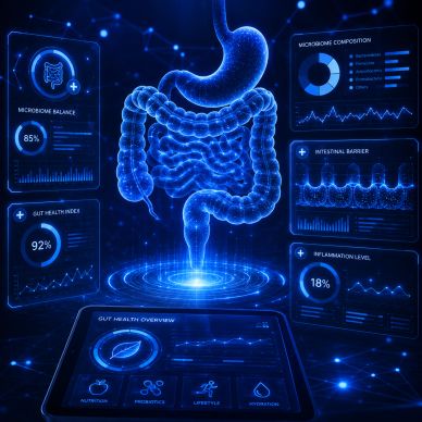 Digital visualization of gut health metrics and digestive system.