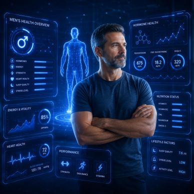 Man analyzing health data on futuristic digital screens.