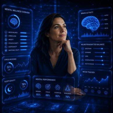Woman analyzing futuristic mental wellness data holograms.