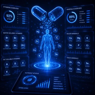 Futuristic health data hologram with vitamins and minerals.