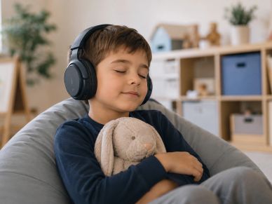Boy with headphones hugging a stuffed bunny.