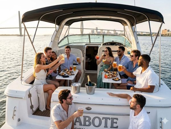 Group of friends enjoying drinks and snacks on a boat at sunset.