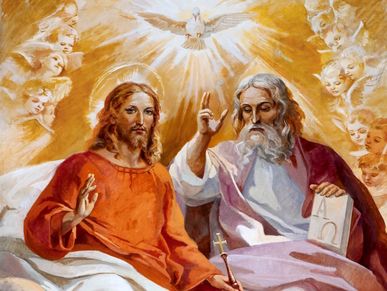 Religious painting of Jesus, God, and a dove symbolizing the Holy Spirit.