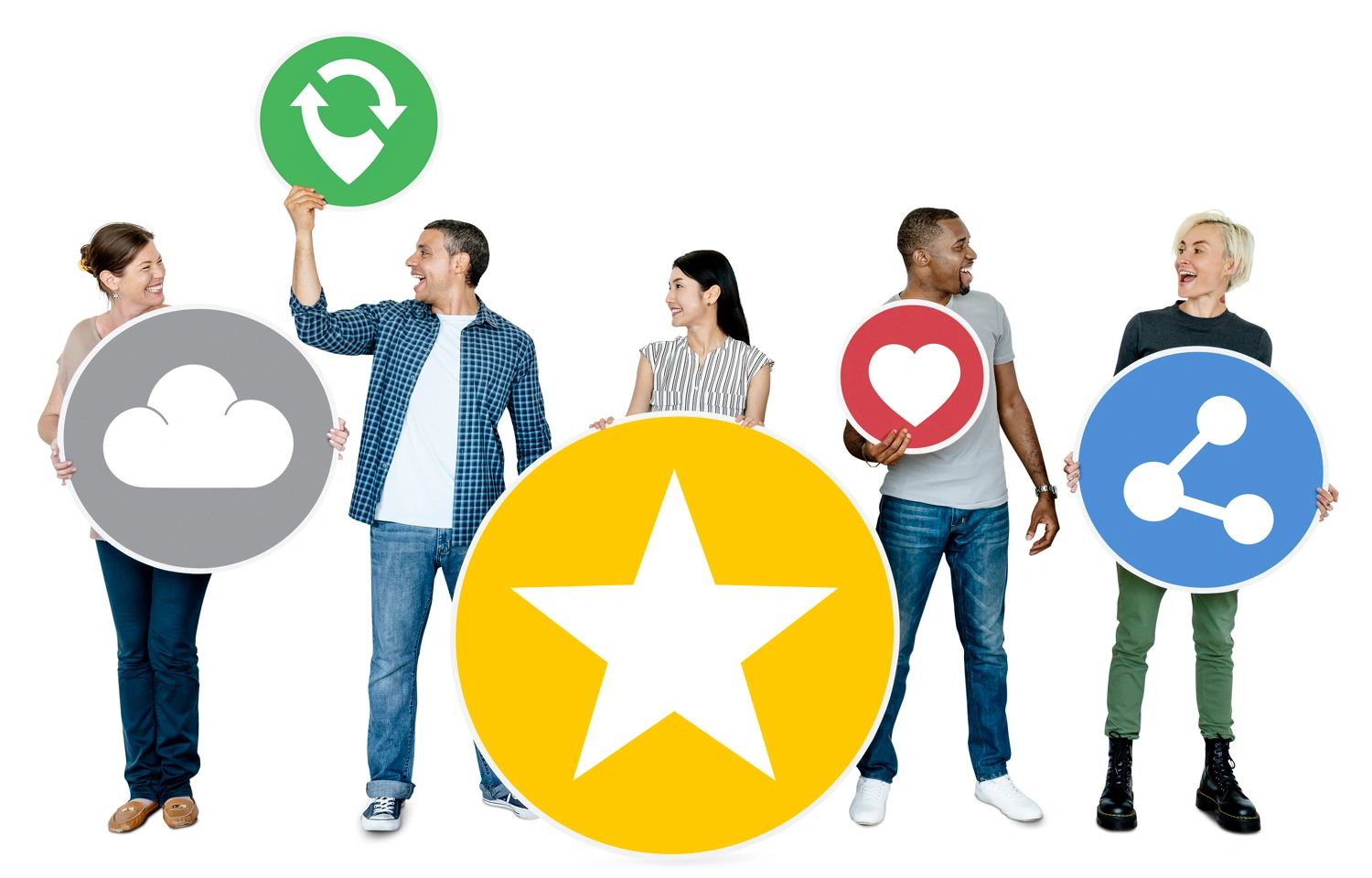 Diverse group holding colorful social media icons and symbols.