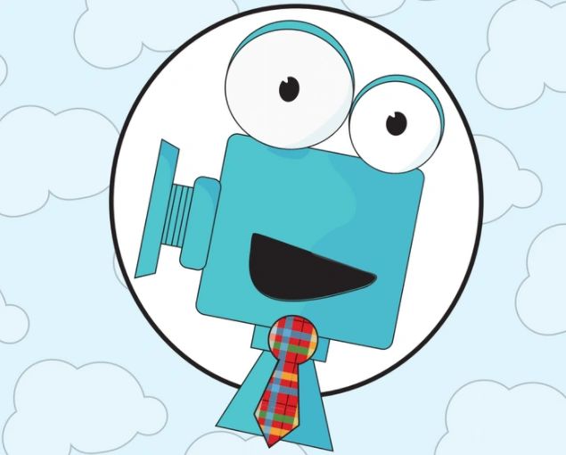 Cartoon of CAM, our google-eyed mascot for our littles. He's a blue camera and wears a plaid tie.