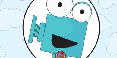 A cartoon robot with a blue face and a microphone.