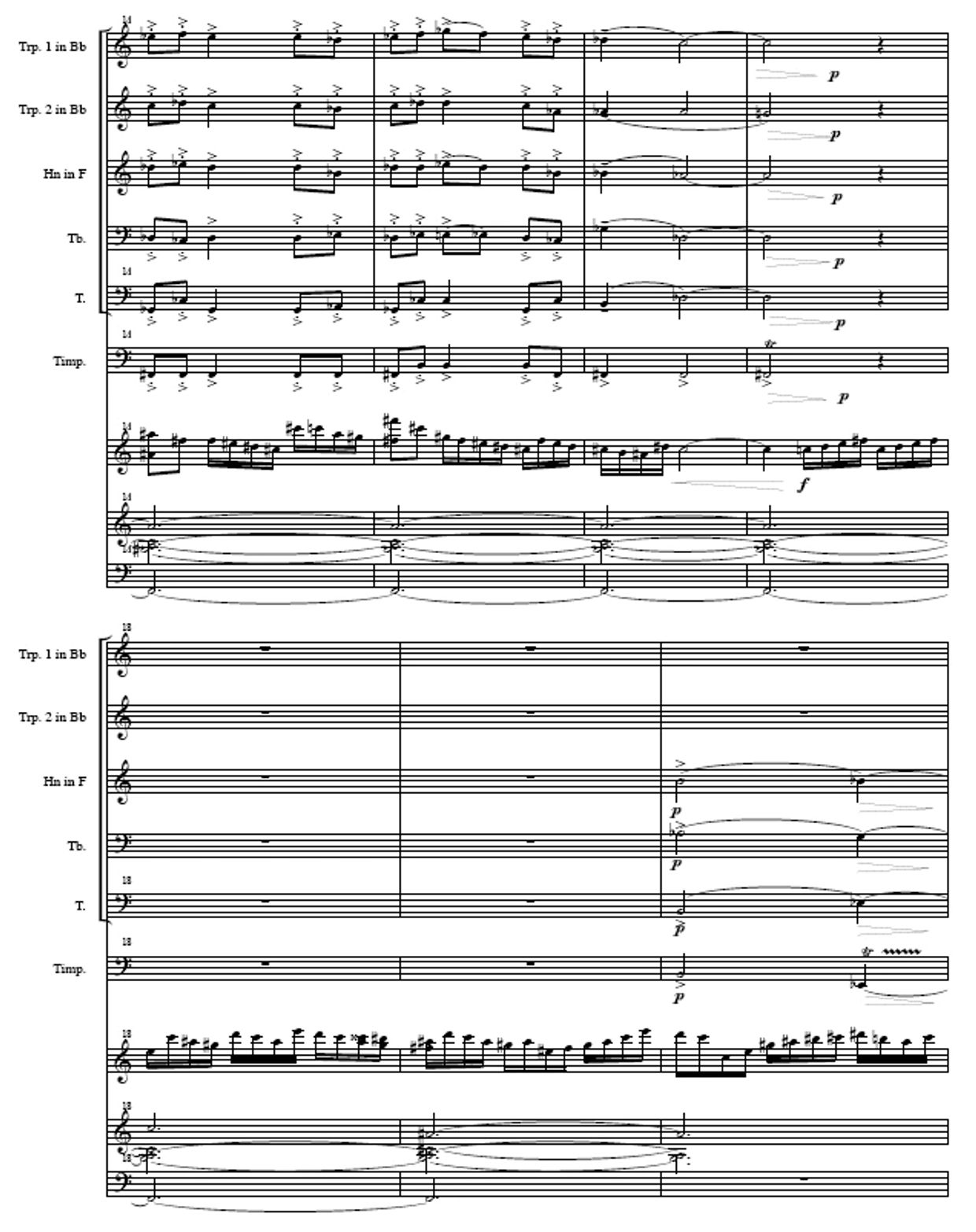 Sheet music for brass and timpani instruments.