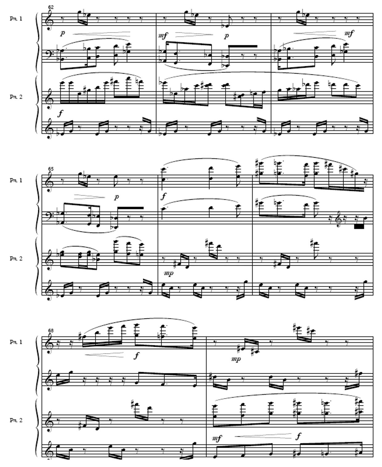 Sheet music for two pianos with dynamic markings and complex rhythms.