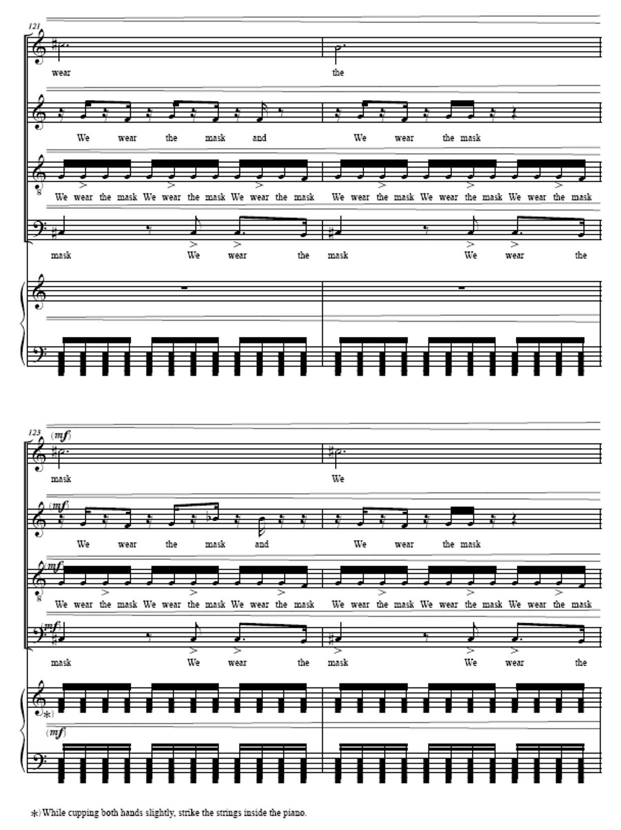Sheet music with repetitive vocal and piano parts focusing on 'We wear the mask.'