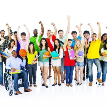 Diverse group of cheerful young people celebrating together.