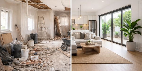Before and after home renovation showing a messy construction site and a modern living room.