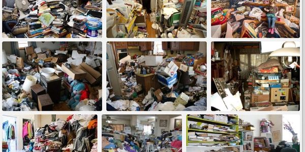 Cluttered rooms filled with piles of clothes, papers, and boxes.