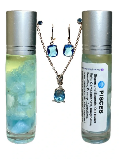 Mar./Pisces: Aquamarine Birthstones Fashion Jewelry Set with matching fragrance roll-on  oil blend