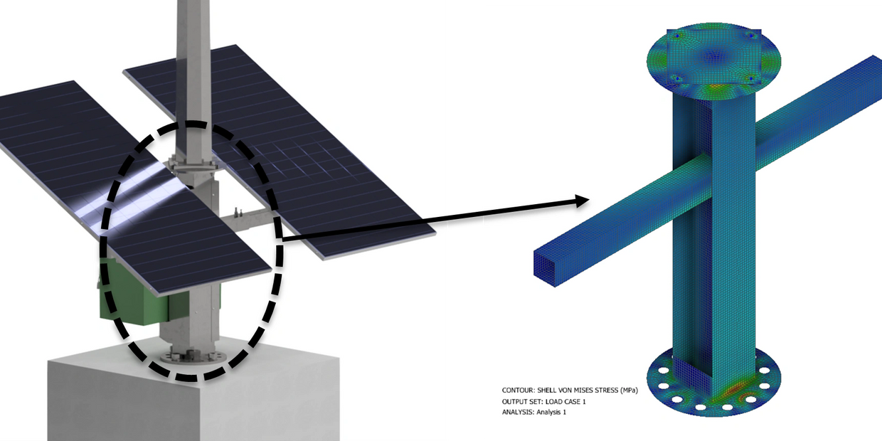 Solar panel mount with finite element stress analysis of the base structure.