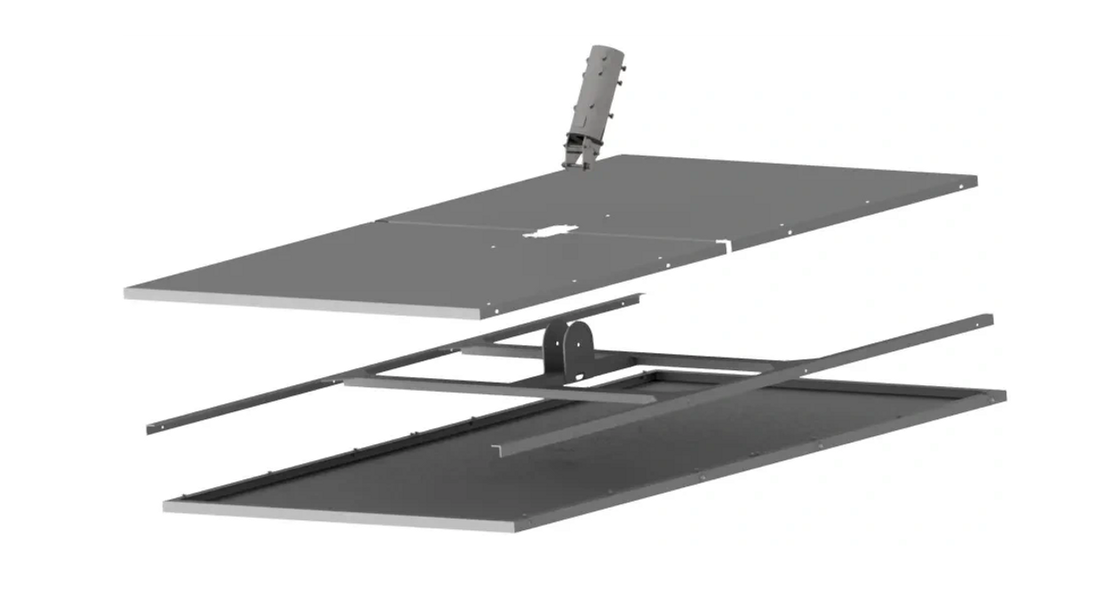 Exploded view of a mechanical assembly with panels and a cylindrical component.