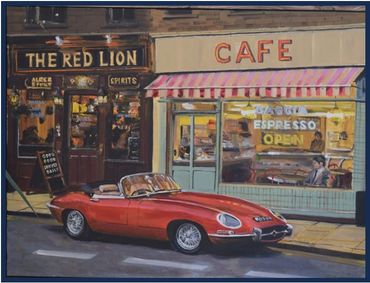 A red vintage convertible parked in front of a cafe and pub.