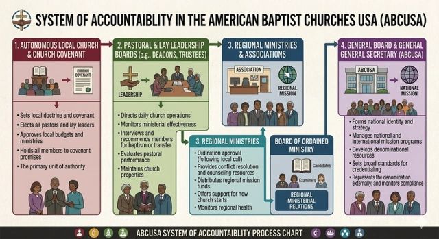 Infographic detailing the accountability system in American Baptist Churches USA with four hierarchical levels.