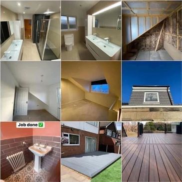 Before and after renovation images of a bathroom and outdoor deck area.