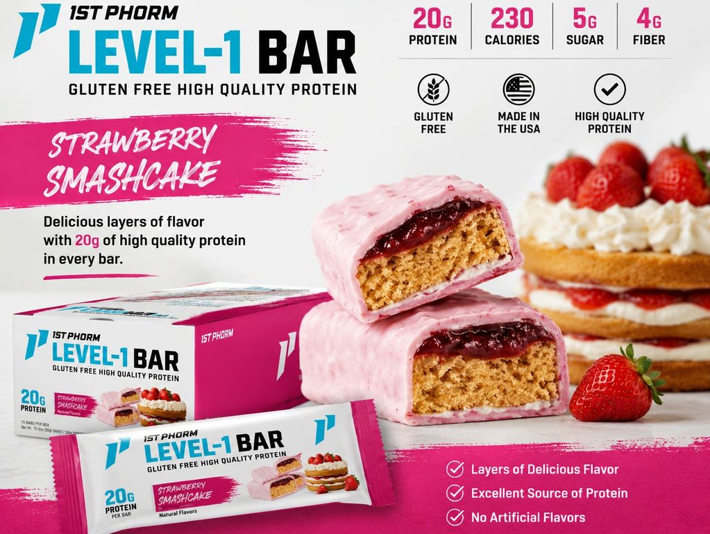 1st Phorm Level-1 Strawberry Smashcake protein bar with 20g protein.