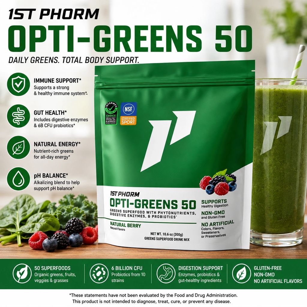1st Phorm Opti-Greens 50 Natural Berry greens powder.