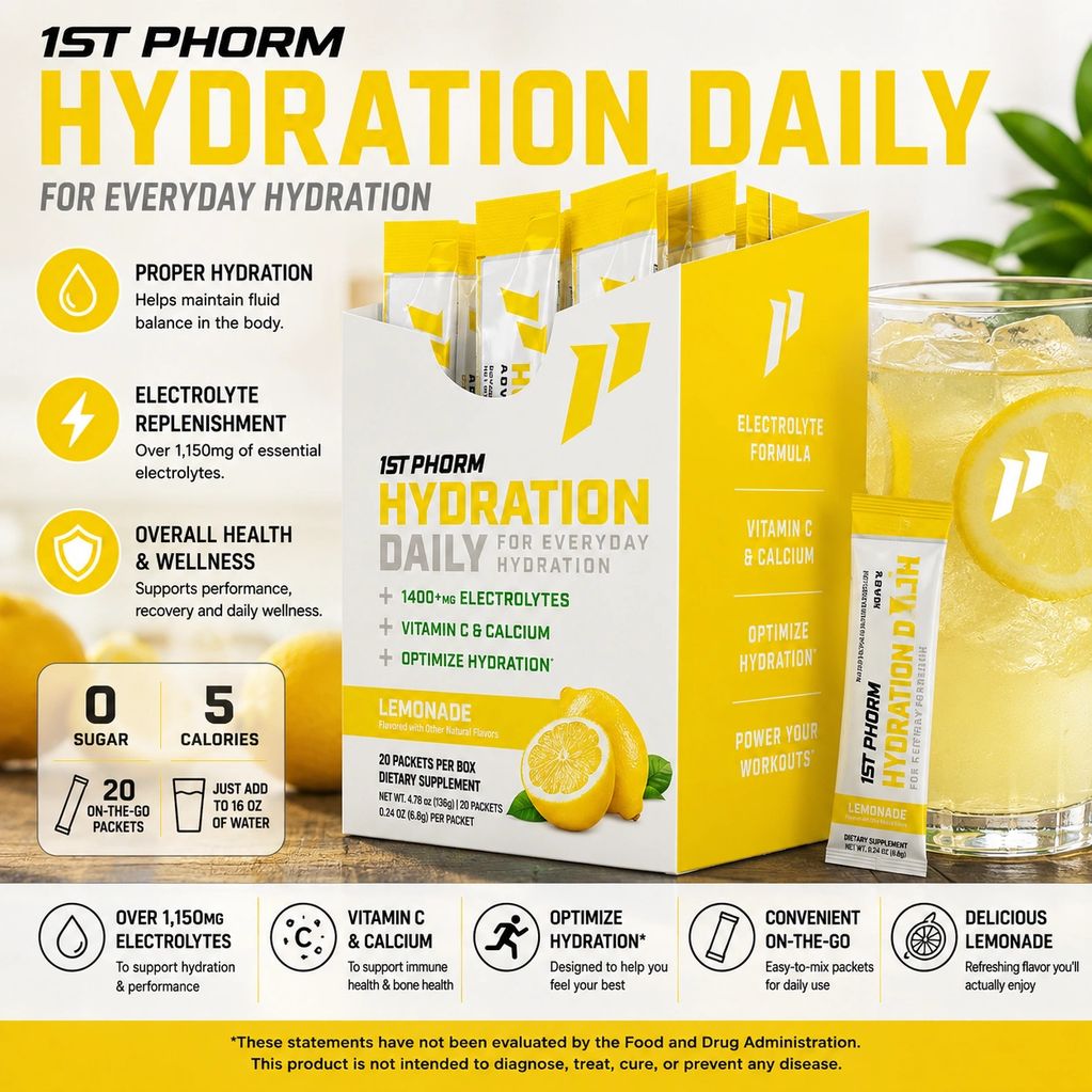 1st Phorm Hydration Daily Lemonade electrolyte packets.