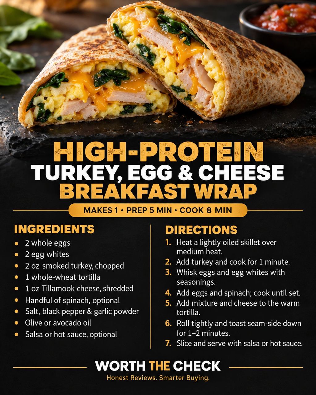 Breakfast wrap filled with smoked turkey, eggs, melted cheese and spinach.

