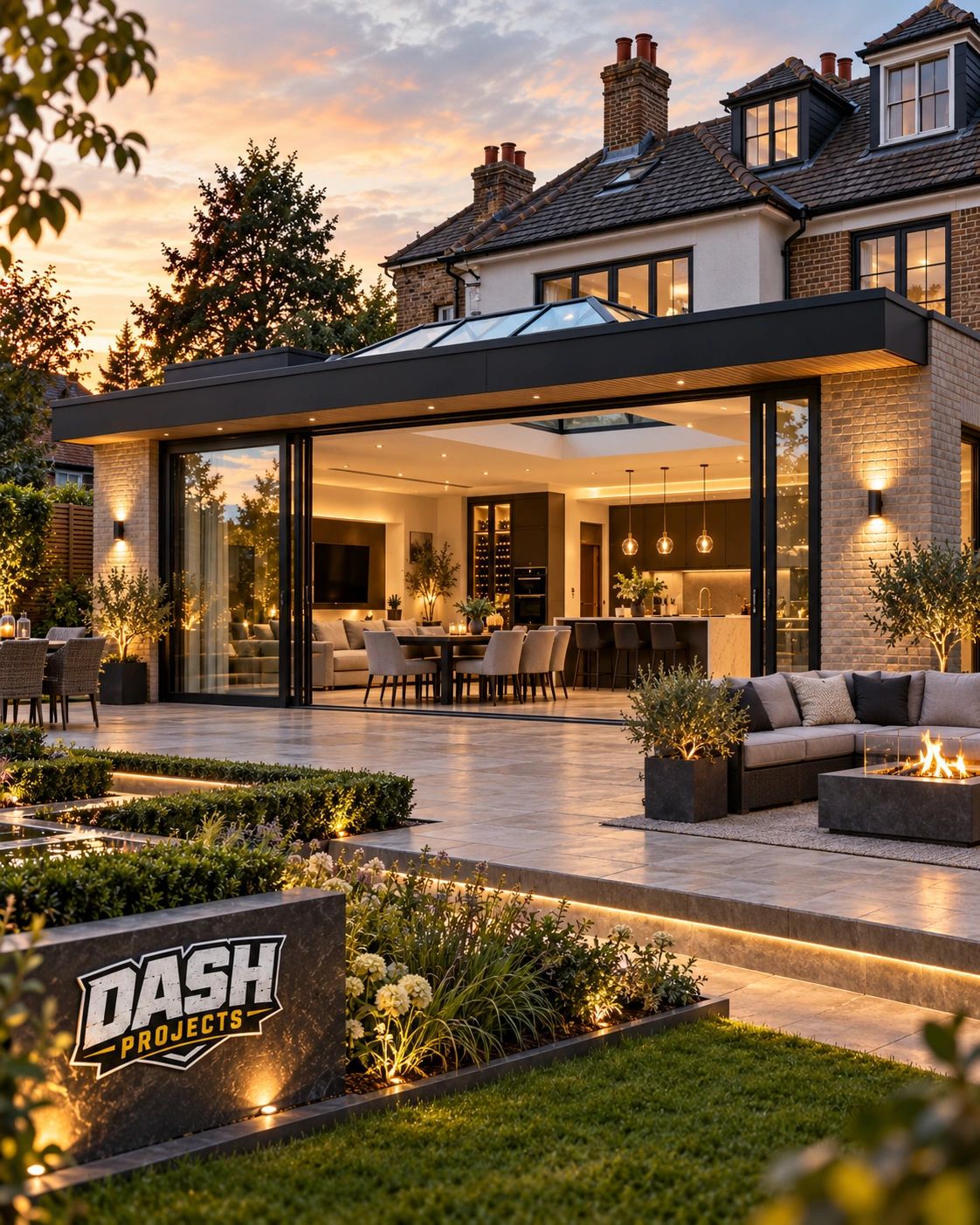 Beautiful modern house extension with open living area and garden firepit.