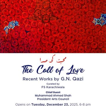 Exhibition poster for 'The Call of Love' featuring red roses and details of the event.