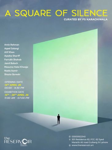 Art exhibition poster titled 'A Square of Silence' with a solitary figure facing a large glowing square.