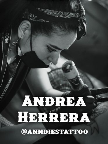 Black-and-white photo of a tattoo artist focused on her work.