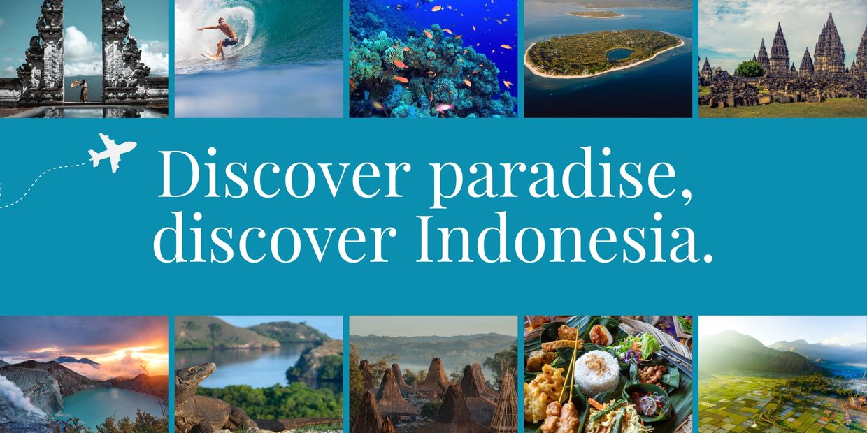 A vibrant collage showcasing Indonesia's natural beauty, culture, and cuisine with the text inviting to discover paradise.